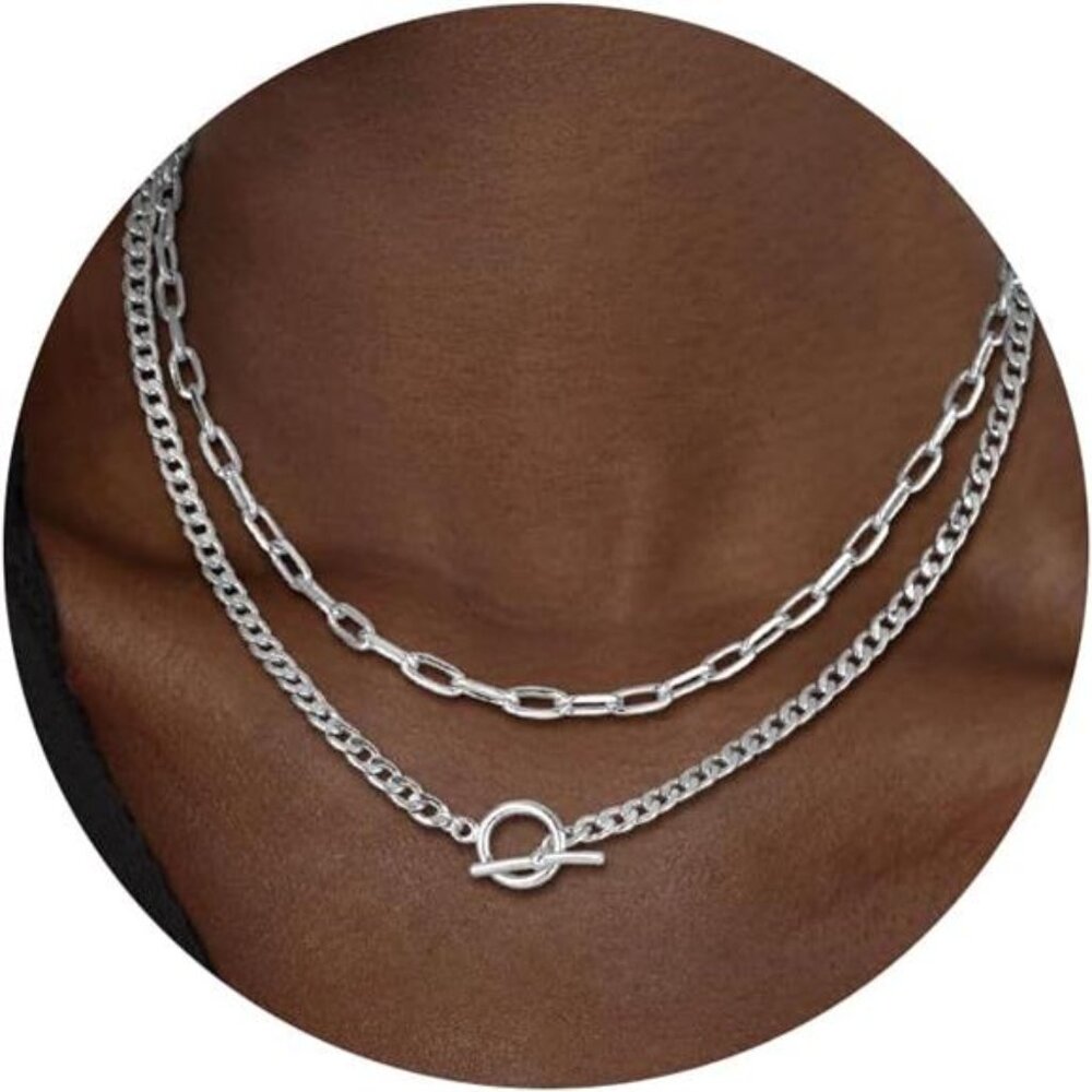 Silver Layered Necklace Set for Women – Paperclip & Toggle Chains